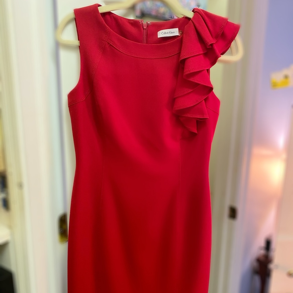 Calvin Klein Red Sheath Dress w Ruffle